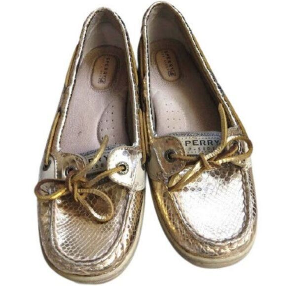Sperry Top Sider Gold Metallic Leather Snakeskin Preppy Loafer Size 7.5 - Picture 2 of 9